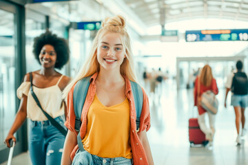 Obraz premium two young female tourist friends entering the airport with their suitcase,