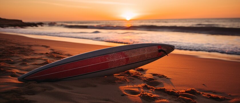 Surfboard on the beach at sunset. Surfboards on the beach. Vacation and Travel Concept with Copy Space.