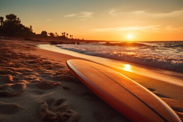 Surfboard on the beach at sunset. Surfing concept. Surfboards on the beach. Vacation and Travel...