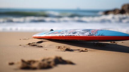 Surfboard on the beach in a sunny day. Selective focus. Surfboards on the beach. Vacation and...