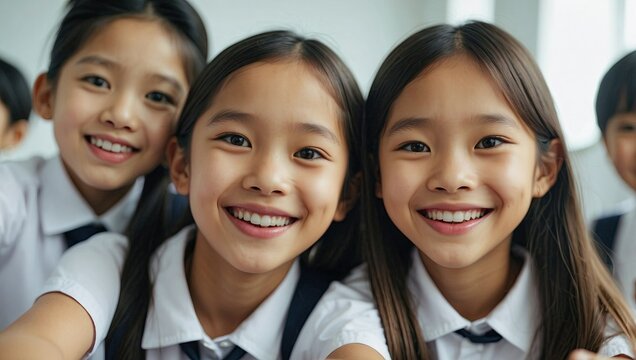 Close-up selfie of joyful Asian schoolgirls in uniform, smiling broadly into the camera in a classroom setting.