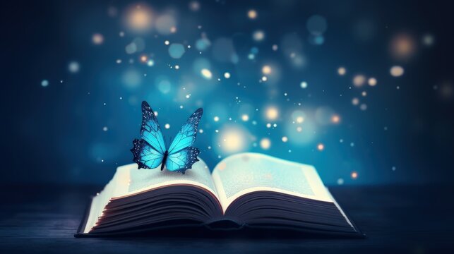 Open book emits light and butterflies for learning concept. Generate AI image