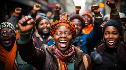 A compelling image of people at a rally, passionately defending their rights and freedom. A...