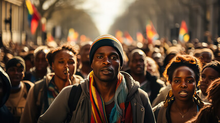 A compelling image of people at a rally, passionately defending their rights and freedom. A powerful visual capturing the spirit of activism and unity. - obrazy, fototapety, plakaty