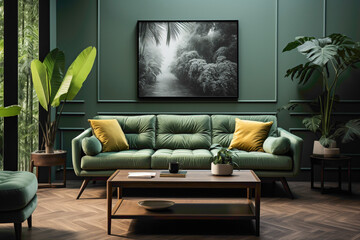 Immerse yourself in tranquility as a green sofa complements the living space, accompanied by a matching table and an empty frame beckoning for your creative expression.