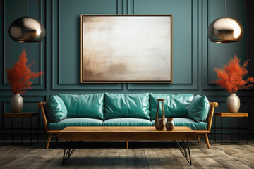 Visualize a minimalist arrangement featuring brown and teal sofas surrounding a wooden table. Picture an empty frame on the wall, ready to showcase your creativity in this simple and inviting space.
