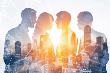City Business Partnership: A double exposure image featuring a bustling city office building overlaid with a group of businesspeople in conference, symbolizing the success of partnerships and deals - obrazy, fototapety, plakaty