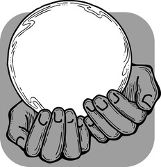 Open hands to care about important things. Background to show, offer and hold product. Magic palmistry prediction by two palms. Hand drawn retro vintage vector illustration. Old style line drawing.