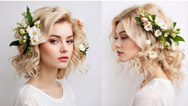 A young blonde woman with a hairstyle of spring flowers in her hair on a white solid background. Feminine beauty portrait, makeup, hairstyle, stylist, feminine energy. 