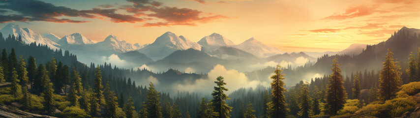 mountain forest landscape at sunrise, mountain panorama - obrazy, fototapety, plakaty