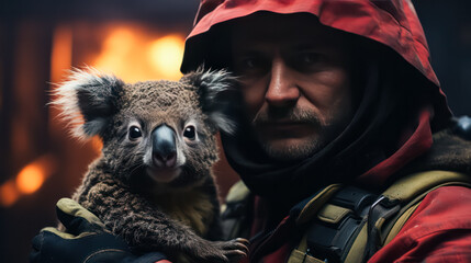 A powerful portrait of a firefighter cradling a koala rescued from Australian fires. A moving image symbolizing courage, compassion, and environmental impact.