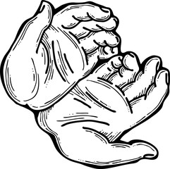 Open hands to care about important things. Background to show, offer and hold product. Magic palmistry prediction by two palms. Hand drawn retro vintage vector illustration. Old style line drawing.