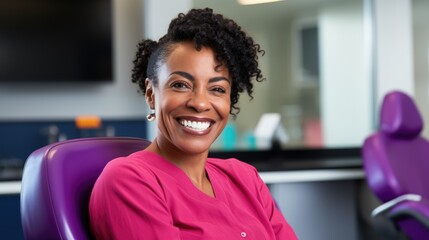 Healthy smile: An African American woman beams with beautiful teeth in a dentist's chair, reflecting dental wellness and a vibrant smile.