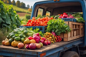 Old truck with an autumn harvest of vegetables and herbs on a plantation - a harvest festival, a roadside market selling natural eco-friendly farm products