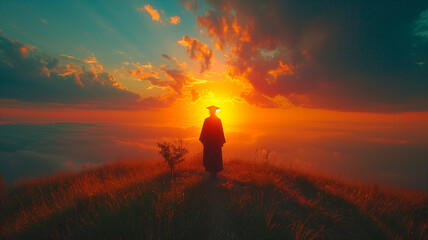 Fototapeta premium Graduate's Silhouette Against Majestic Sunset Skyline