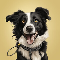 Border collie, close look, dog portrait, smiling muzzle, positive selfie, photorealistic created art.