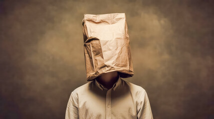 A mysterious portrait depicting a man with a paper bag on his head, evoking a kidnapping concept. A dramatic and intriguing image for various themes.