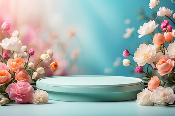 Podium for demonstration and montage of product with delicate floral spring decor. Spring time background, blooming, birthday, March 8, Easter, women's day, wedding. Copy space. 