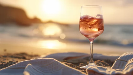 Fotobehang A glass of rosé wine on a cloth at the sandy beach during sunset, with the sun disappearing on the horizon, casting its reflection on the sea. © Erich