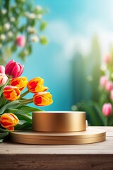 Podium for demonstration, display and montage of product, cosmetic with bright tulips spring decor. Spring time background, blooming, birthday, March 8, Easter, women's day. Copy space. 