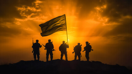 Silhouette of Ukrainian military against a sunset backdrop, proudly displaying the flag of Ukraine. A powerful image symbolizing strength and national pride.