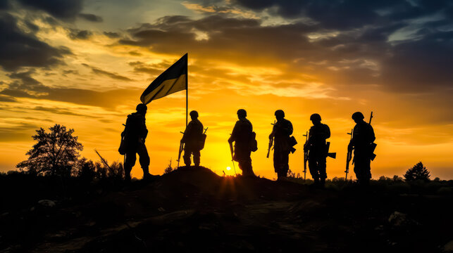 Silhouette of Ukrainian military against a sunset backdrop, proudly displaying the flag of Ukraine. A powerful image symbolizing strength and national pride.