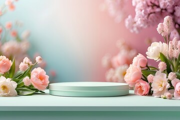Podium for demonstration and montage of product with delicate floral spring decor. Spring time background, blooming, birthday, March 8, Easter, women's day, wedding. Copy space.  - obrazy, fototapety, plakaty