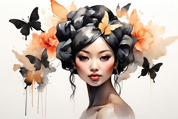 The watercolor silhouette of asian woman with multicolored butterflies in her hair is spring and summer portrait. Freedom, femininity, wedding, makeup, stylist, Barber, bride. 