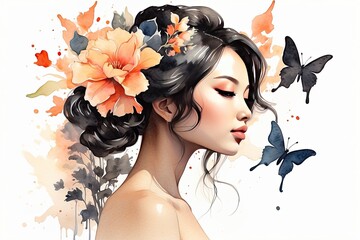 The watercolor silhouette of asian woman with multicolored butterflies in her hair is spring and summer portrait. Freedom, femininity, wedding, makeup, stylist, Barber, bride. 