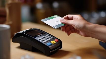 At the cash desk, a customer effortlessly pays with a credit card at the cafe-restaurant, enjoying the convenience of digital financial transactions.