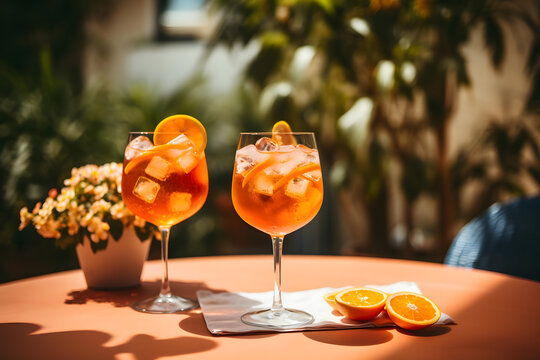 Two glasses of Aperol pritz cocktail on a terrace