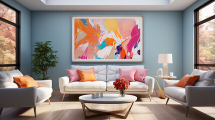 Discover the charm of this modern living room, adorned with bright colors and a strategically placed blank empty white frame, offering a stylish and customizable touch.