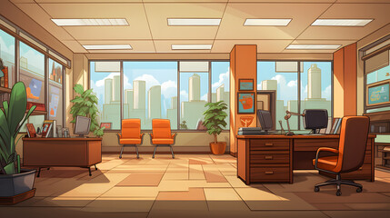 Fototapeta premium cartoon office space, office, working space cartoon style, skyscraper office