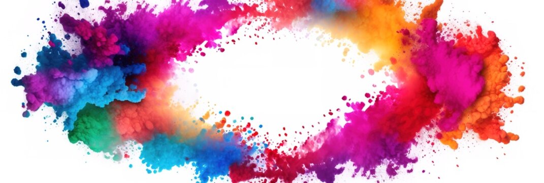 Colorful empty frame for text, Vivid Holi Festival Sale Banner, Explosion of Powder for Holiday Promotions or Birthday Events on white background.
