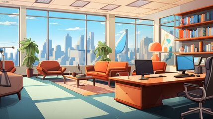 Fototapeta premium cartoon office space, office, working space cartoon style, skyscraper office