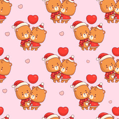 Seamless pattern with loving couple bear teddy on pink background with hearts. Funny kawaii animal girl and boy character. Vector illustration. romantic valentine backdrop