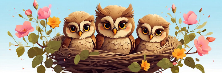 Cute owl family with chicks in a spring blooming nest of twigs and flowers on a white background. Spring card, spring time.