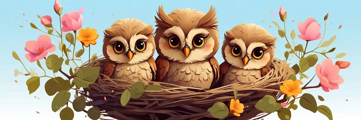 Poster Cute owl family with chicks in a spring blooming nest of twigs and flowers on a white background. Spring card, spring time. © Ольга Симонова