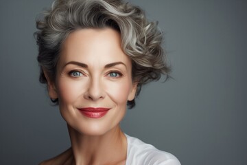 Portrait of an elegant mature woman with stylish gray hair and a warm, graceful smile, wearing a white blouse against a gray background