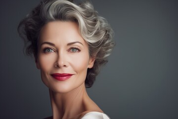 A radiant portrait of a senior lady with elegant silver curls and a captivating smile, her red lipstick complementing her fair complexion against a soft grey background
