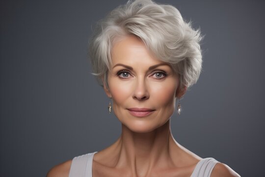 A poised senior woman with elegant silver hair and captivating eyes, donning pearl earrings and a white top, exudes confidence and timeless beauty against a grey backdrop