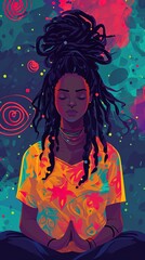 ethereal woman in a blissful state against a dynamic backdrop of swirling colors, embodying artistic expression and emotional release, girl in profound meditation, illustration.