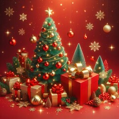 Fototapeta na wymiar 3d illustration of Christmas banner of Christmas tree and gift box on red background