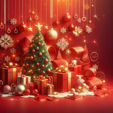 3d illustration of Christmas banner of Christmas tree and gift box on red background