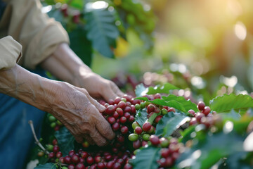asian farmer picking red cherry coffee beans in coffee plantation.