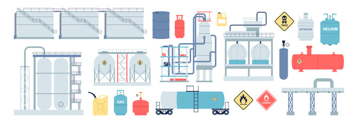 Gas petroleum and fuel storages. Balloons propane, cylinders and canisters. Industrial petroleum elements, fabric and stations, recent vector set - obrazy, fototapety, plakaty