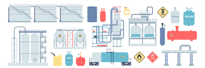 Fotobehang Gas petroleum and fuel storages. Balloons propane, cylinders and canisters. Industrial petroleum elements, fabric and stations, recent vector set © LadadikArt