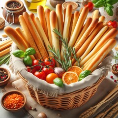 bread sticks in basket isolated on white background