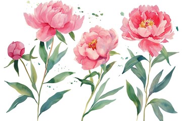 A set of watercolor floral elements. Peony flower and green leaves. Wedding concept flowers.