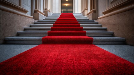 Grand entrance with luxurious red carpet on stairs leading to an opulent doorway - obrazy, fototapety, plakaty